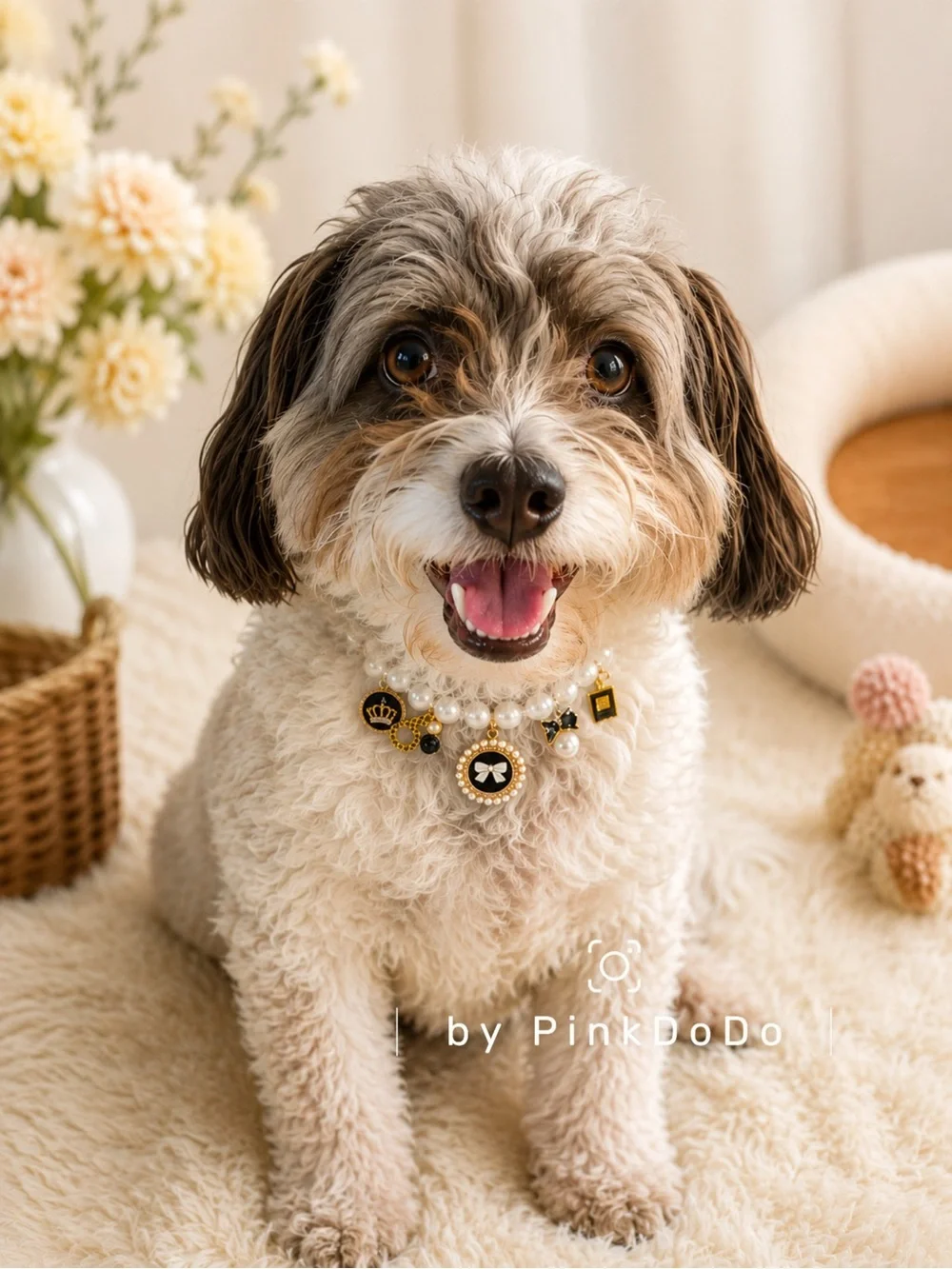 Cute Pearl Dog Cat Collar Necklace Black and Gold Charms Pet Jewelry Adjustable